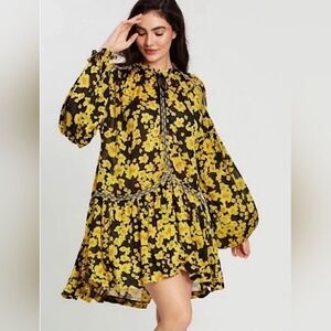 Free People Love Letter Floral Tunic Bluse Yellow Black Top Dress Sz Medium
